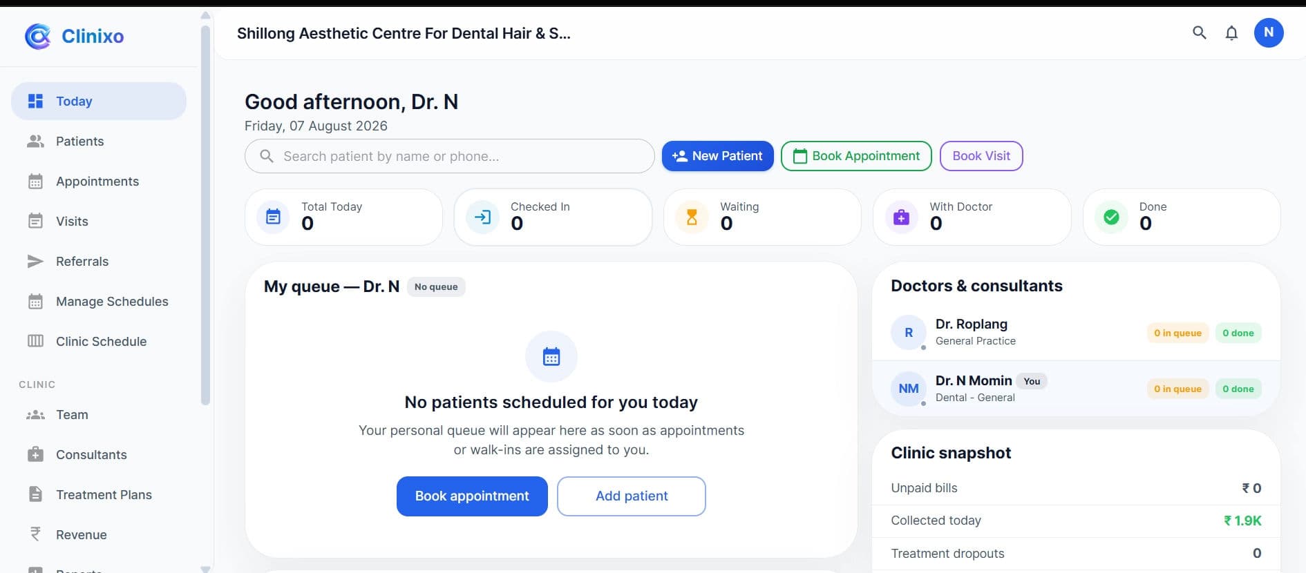 The Clinixo Today dashboard showing booked, checked-in and waiting counts, a per-doctor patient queue, and a clinic snapshot of unpaid bills and collections